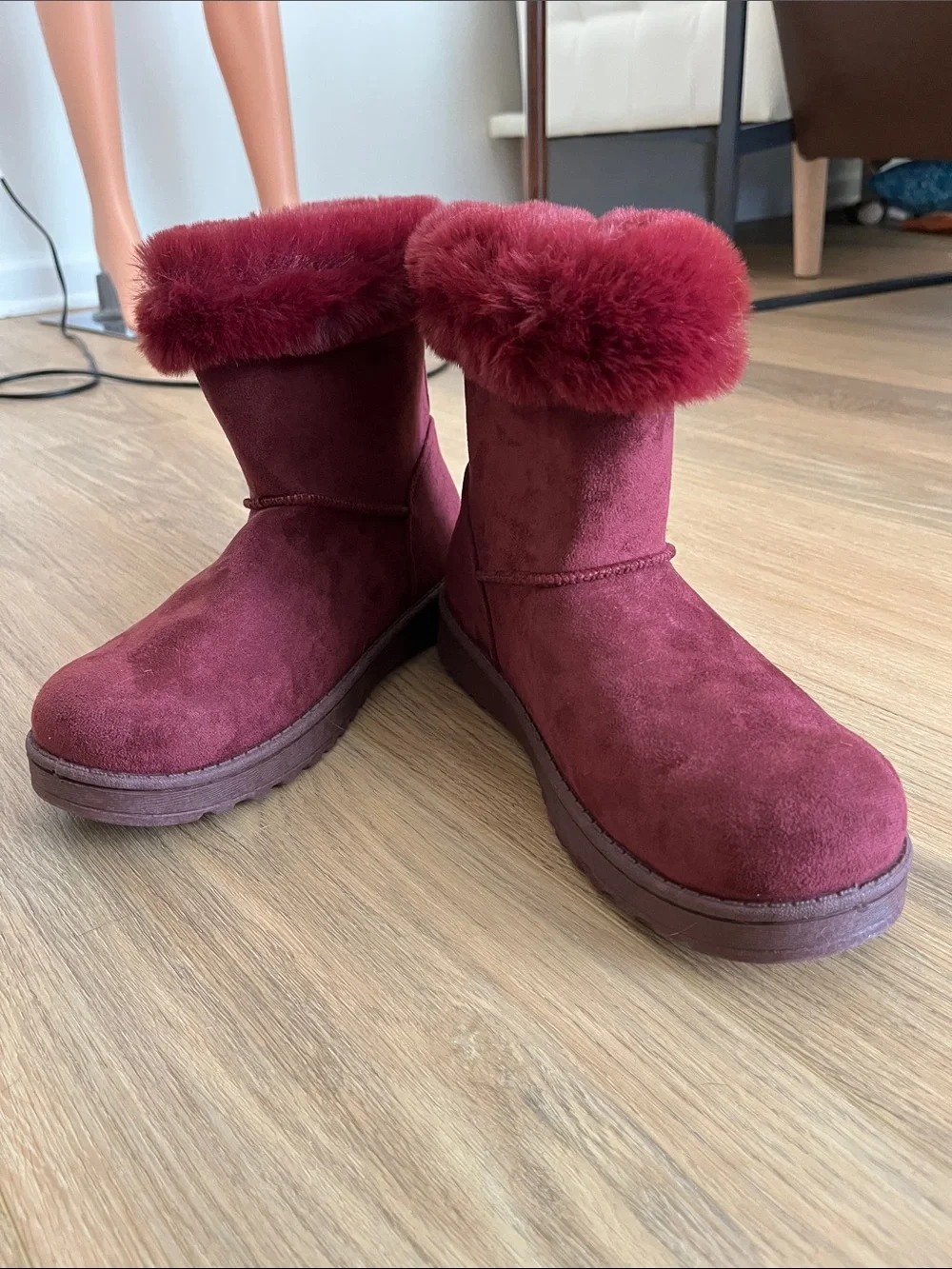 SO Pauline Wine Faux Suede Faux Fur-Cuff Boots